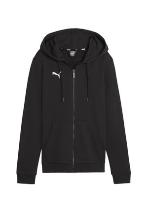 Zwarte zip-up hoodie van zachte stof, voorzien van een kangoeroezak, trekkoorden en een wit Puma-logo op de linkerkant van de borst.