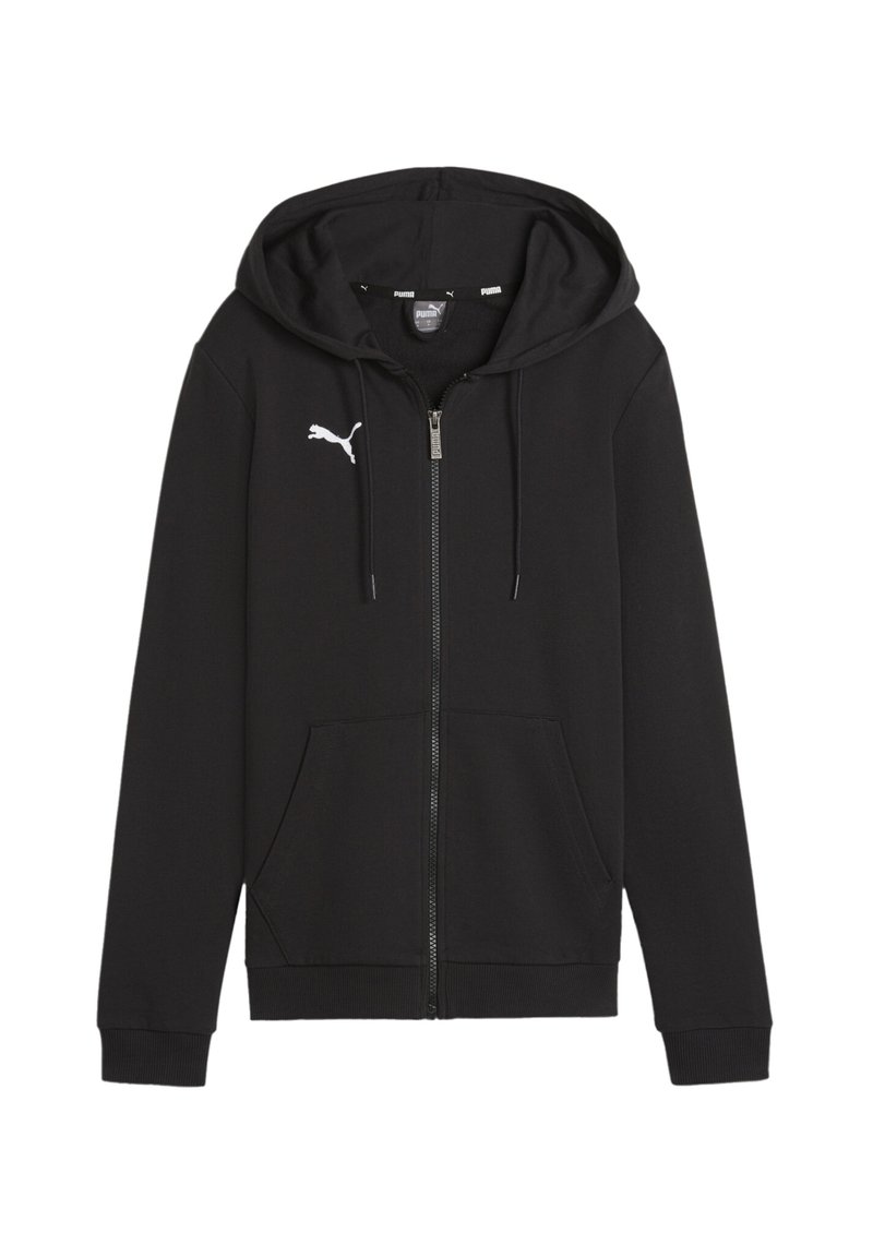 Hoodie zippé noir en tissu doux, doté d'une poche kangourou, de cordons de serrage et d'un logo Puma blanc sur la poitrine gauche.