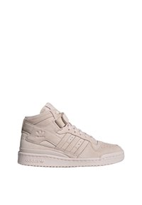High-top sneaker in soft beige suede, featuring a velcro strap, six eyelets, and three side stripes. Smooth rubber sole with logo detail.