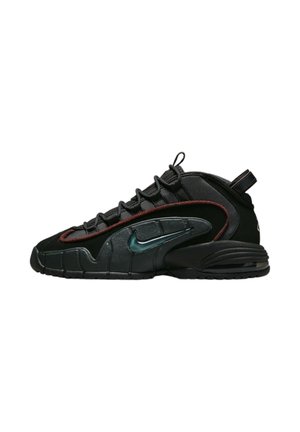 Sort sneakers med net- og syntetiske materialer, der har en fremtrædende grøn Nike Swoosh, struktureret side-detaljering og polstret krave.