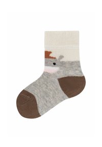 Grau gestrickte Socke mit einem cremefarbenen oberen Teil, die ein Cartoon-Tiergesicht in Braun, Rosa und Schwarz aufweist; verstärkte braune Zehen- und Fersenpartie.