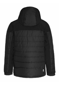 Schwarze gepolsterte Jacke mit Kapuze. Mit einem gesteppten Muster, elastischen Bündchen und einer Seitentasche. Glattes Material mit matter Oberfläche.