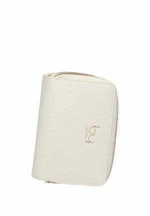 Portafoglio bianco in pelle testurizzata con cerniera dorata e piccolo logo dorato sul davanti, compatto e rettangolare con angoli arrotondati.