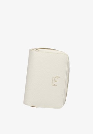 Portafoglio bianco in pelle testurizzata con cerniera dorata e piccolo logo dorato sul davanti, compatto e rettangolare con angoli arrotondati.