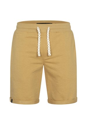 Light brown knee-length shorts with rolled cuffs and white drawstring laces featuring a brown cross pattern on a plain white background.