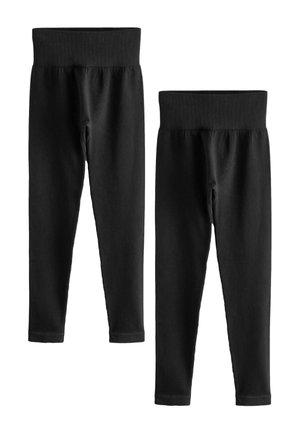 To par sorte ribstrikkede leggings med brede elastiske taljebånd, vist forfra og bagfra på en hvid baggrund.