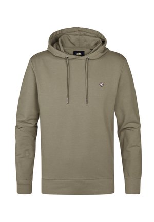 Olivegrüner Hoodie mit langen Ärmeln, verstellbarem Kordelzug, gerippten Bündchen und einem kleinen gestickten Logo auf der Brust. Glatte Textur.