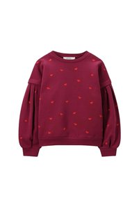 Bordeaux sweatshirt met rode hartpatronen, ronde hals, puff sleeves en ribgebreide manchetten en zoom. Gemaakt van zachte stof.