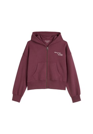 Sweat à capuche zippé bordeaux avec une poche kangourou, des poignets et un ourlet côtelés. Présente un logo blanc sur la partie gauche de la poitrine. Texture de tissu douce.