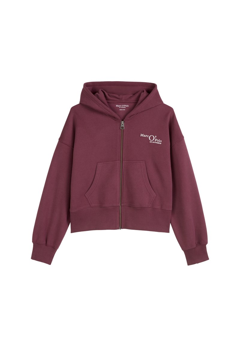 Bordeauxfarbener Zip-Hoodie mit Kängurutasche, gerippten Bündchen und Saum. Mit einem weißen Logo im linken Brustbereich. Weicher Stoff.