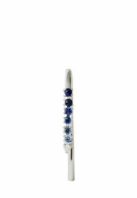 Anillo de plata con una fila vertical de gemas alternando entre azul oscuro y azul claro, dispuestas en tamaños graduados, con una banda lisa.