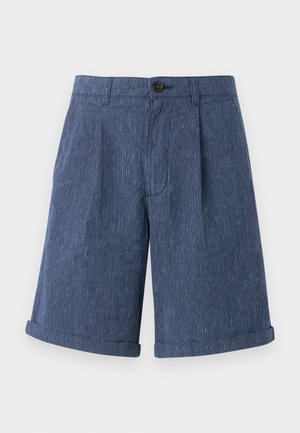Blue, textured shorts with a subtle striped pattern, featuring a single button closure and rolled hems.