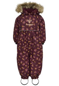 Bordeaux kinder sneeuwpak met bloemenpatroon, faux fur gevoerde capuchon, elastische manchetten en verstelbare banden bij de voeten. Voorzien van een ritszak aan de voorkant.