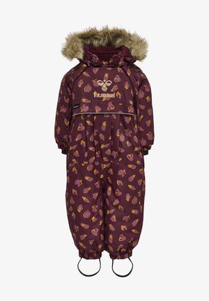 Maroon children's snowsuit with floral pattern, faux fur-lined hood, elastic cuffs, and adjustable straps at the feet. Front zip pocket included.