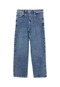 Lichtblauwe jeans van denim met een rechte pijp, vijf zakken en een knoopsluiting. Bevat subtiele wassing en vervagingsdetails.