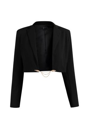 Kurzer schwarzer Blazer aus glattem Material, mit langen Ärmeln und einer goldenen Kettendetail vorne mit Blätterakzenten.