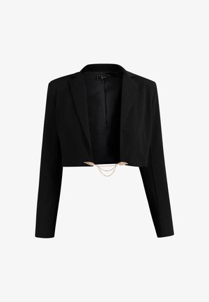 Kurzer schwarzer Blazer aus glattem Material, mit langen Ärmeln und einer goldenen Kettendetail vorne mit Blätterakzenten.