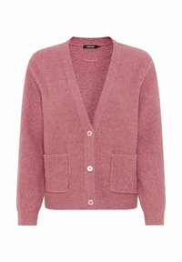 Light pink cardigan with a v-neck design, three buttons, and two front pockets. Soft texture and ribbed cuffs enhance the overall look.