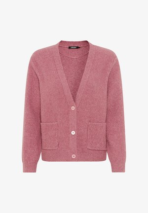 Hellrosa Strickjacke mit V-Ausschnitt-Design, drei Knöpfen und zwei Fronttaschen. Die weiche Textur und die gerippten Bündchen verbessern das Gesamtbild.