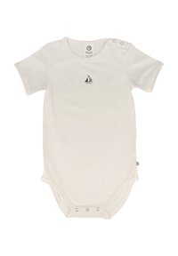 Body bianco a maniche corte realizzato in morbido cotone, con ricamo di una barca a vela blu navy sul petto e chiusure a pressione nella zona inguinale.