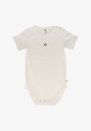 Bílý body s krátkým rukávem vyrobený z měkké bavlny s námořním výšivkou plachetnice na hrudi a se zapínáním na patentky na rozkroku.