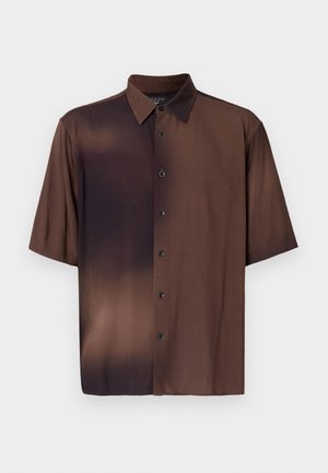 Short-sleeve, button-up shirt in a gradient of dark brown tones, with a smooth texture and black buttons down the front.