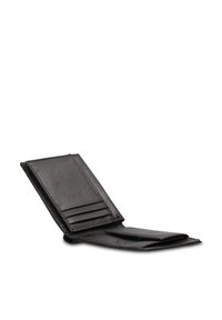 Portafoglio in pelle nera con design bifold, dotato di molteplici scomparti per carte, un vano piatto e una texture liscia.
