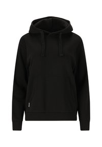 Mustat hupparitakki, jossa on edessä kengurupokkari ja nauhat, ribbaatut hihansuut ja helma, esitelty yksinkertaisella valkoisella taustalla.