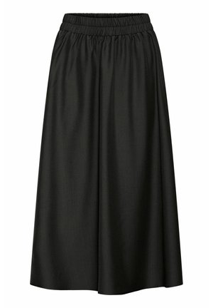 Schwarzer Midi-Rock aus glattem Stoff, mit elastischem Bund und lockerer, fließender Form mit sauberen Saum.