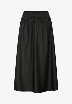 Schwarzer Midi-Rock aus glattem Stoff, mit elastischem Bund und lockerer, fließender Form mit sauberen Saum.