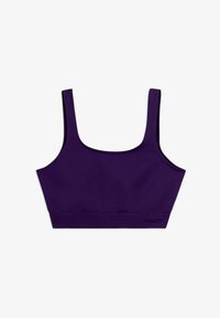 Sujetador deportivo morado con tirantes anchos y banda acanalada, con un sutil logo "FREDDY" en la parte inferior derecha.