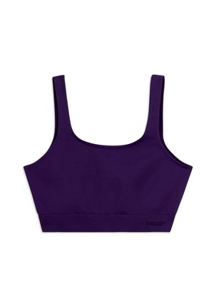 Sujetador deportivo morado con tirantes anchos y banda acanalada, con un sutil logo "FREDDY" en la parte inferior derecha.