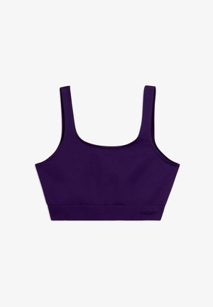 Sujetador deportivo morado con tirantes anchos y banda acanalada, con un sutil logo "FREDDY" en la parte inferior derecha.