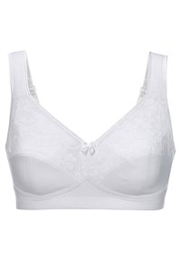 Weißer BH mit Spitze am Rand und einer kleinen Schleife in der Mitte. Verfügt über verstellbare Träger und eine glatte Textur, die Unterstützung und Abdeckung bietet.