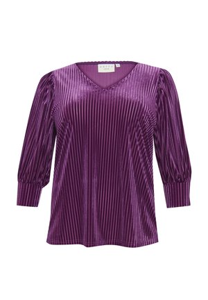 Purple, ribbed blouse with a V-neck and three-quarter puff sleeves. Features a shiny texture and straight hemline. Label reads "KAFFE."