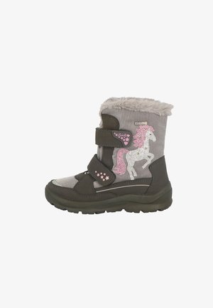 Bottes pour enfants grises et brunes avec un design de licorne, des bandes Velcro, un col duveteux et une semelle texturée avec des accents d'étoiles roses.
