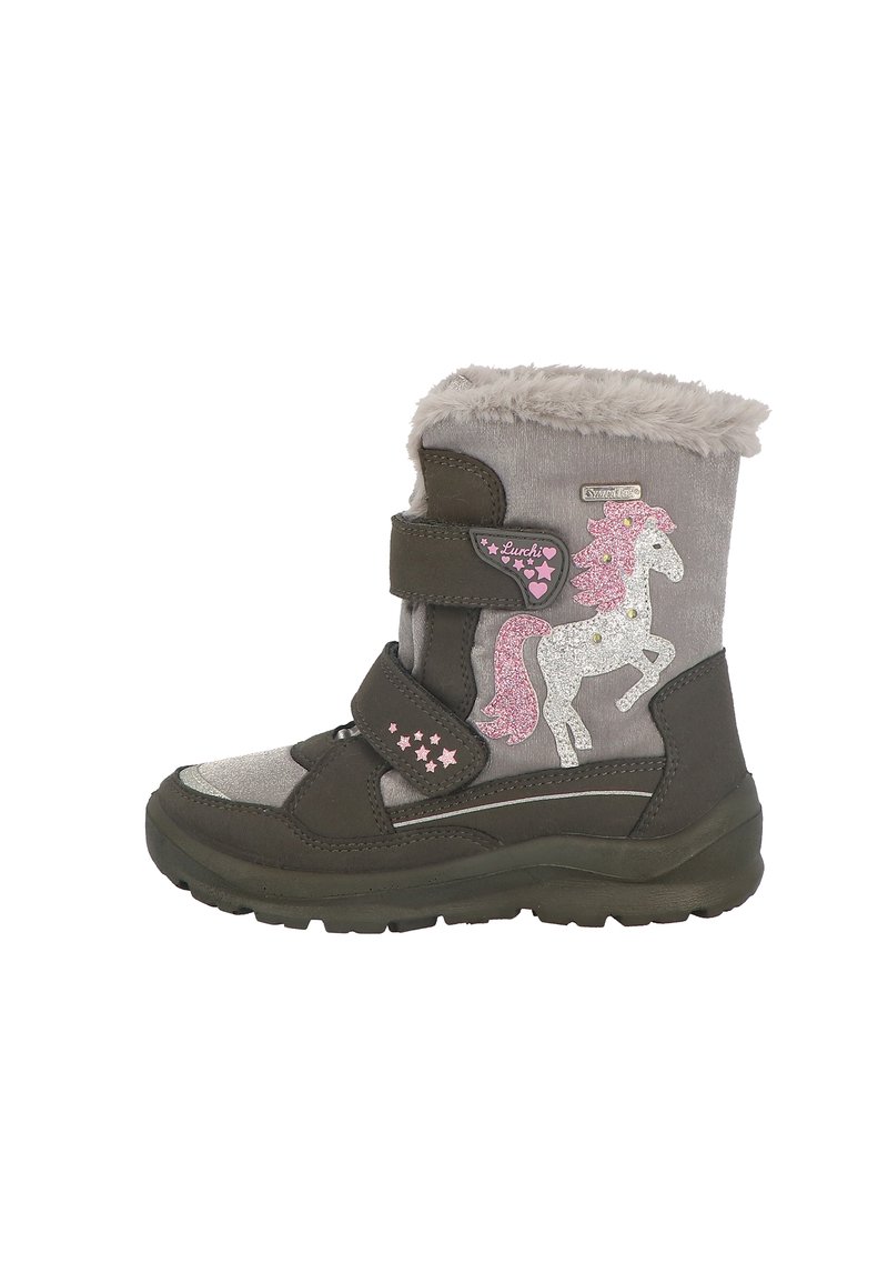 Gray and brown children's boot featuring a unicorn design, velcro straps, fluffy collar, and textured sole with pink star accents.