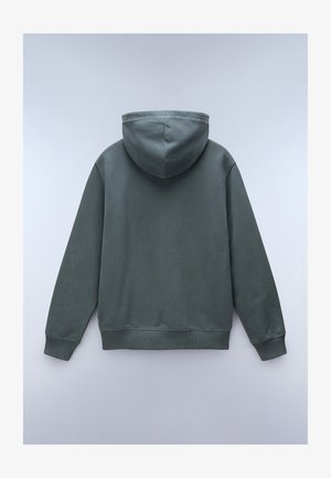 Hættetrøje i en afdæmpet grøn farve, lavet af blødt stof, med et enkelt design, der har en kengurulomme og ribbede manchetter.