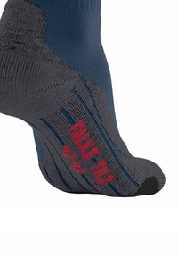 Primo piano di un calzino blu e grigio con testo rosso "RUNF-1/2 42-43" indossato su un piede, che mette in evidenza il motivo in maglia testurizzata e il design imbottito.