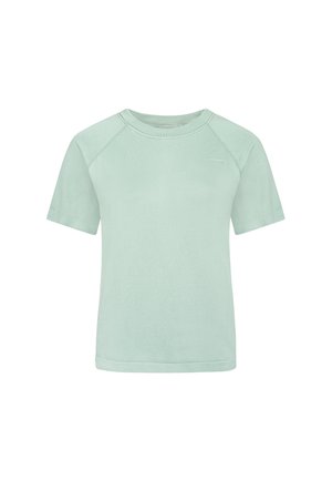 Hellgrünes T-Shirt mit kurzen Ärmeln. Weiche, glatte Textur mit rundem Halsausschnitt. Verfügt über Raglanärmel und ein kleines Logo auf der Vorderseite.