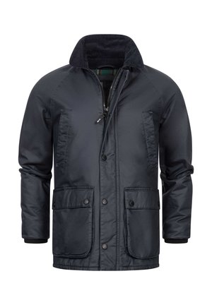 Veste imperméable bleu marine avec un collier en velours côtelé, zip frontal et deux grandes poches à boutons-pression. Design lisse et fonctionnel.