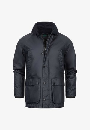 Mørkeblå vandtæt jakke med et corduroy-krave, frontlynlås og to store lommer med trykknapper. Glat, funktionelt design.