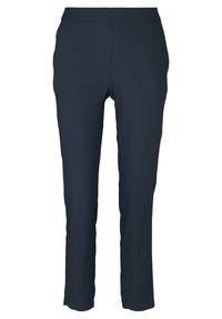 Pantalon léger bleu foncé, longueur cheville, avec une texture lisse et une taille élastique pour le confort. Sans poches ni détails visibles de quincaillerie.