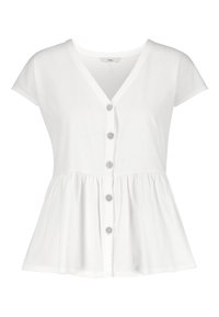 Hvid kortærmet bluse med V-hals, knaplukning foran, samlet talje og peplum-lignende flared nederste kant.