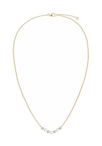 Złoty naszyjnik z łańcuchem, z pięcioma przezroczystymi koralikami, w tym trzema białymi perłami, równomiernie rozmieszczonymi wzdłuż środka, z zapięciem na wiosenki.