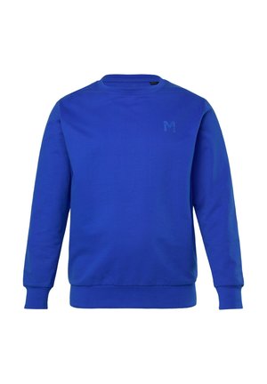 Blå crewneck sweatshirt med lange ærmer og ribbede manchetter og kant, med et diskret "M" logo på venstre bryst.