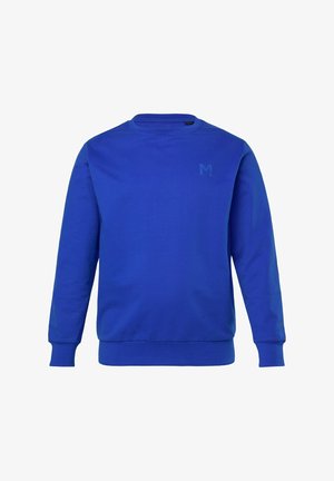 Blauer Rundhalsausschnitt-Pullover mit langen Ärmeln und Rippbündchen sowie Rippabschluss, mit einem dezenten "M"-Logo auf der linken Brust.