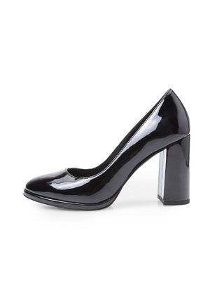 Black patent leather high-heeled pump with a rounded toe and chunky heel, featuring a smooth, glossy finish and minimalistic design.