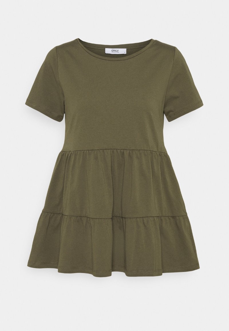 Olivově zelené šaty s krátkým rukávem vyrobené z bavlny. Mají přiléhavý korzet a rozšířenou sukni ve vrstvách. Jednoduchý kulatý výstřih a jemná textura.