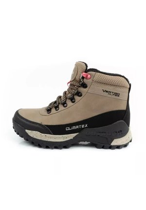 Beige and black hiking boot with thick sole, patterned laces, padded ankle collar, and red lace hook, labeled ClimaTex and Virtuso.